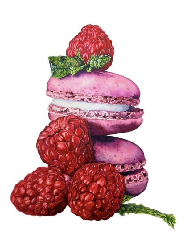A stack of two raspberry macarons on a white background with fresh raspberries surrounding it.