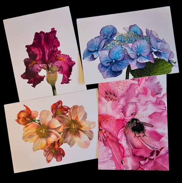 A set of four floral art cards, including a purple iris, blue hydrangea, white and red single peonies, and a pink rhododendron with a bumblebee.