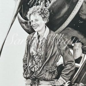 a sepia-toned Watercolor painting of Amelia Earhart standing in front of the nose of her plane, 1930.