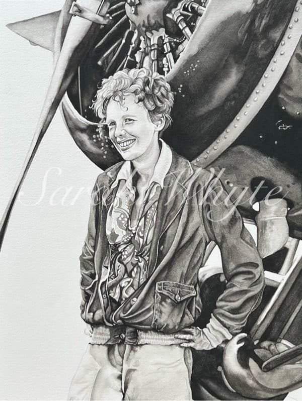 a sepia-toned Watercolor painting of Amelia Earhart standing in front of the nose of her plane, 1930.