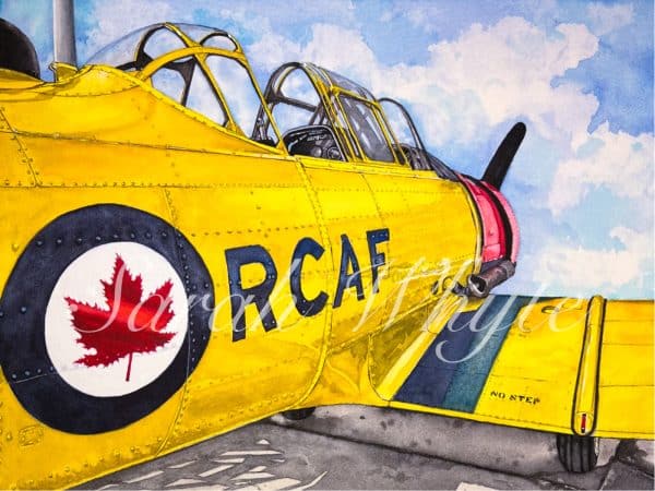 a partial view of the 1952 Harvard Mark IV airplane with bright yellow paint and an RCAF rondelle.