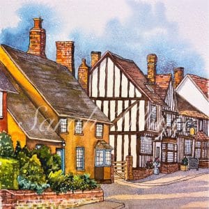 a watercolor travel sketch of a street in Kersey, Suffolk, England