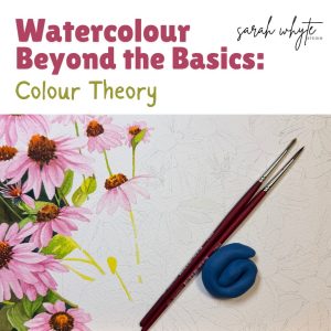 Banner for a watercolor course titled 'Watercolour Beyond the Basics: Colour Theory' with pink flowers, two maroon brushes, and a blue kneaded eraser/clay on a white background.