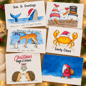 Assorted Christmas greeting cards with whimsical watercolors: whale in a Santa hat, snowmen, a deer, a crab, and Santa-themed text on textured paper.